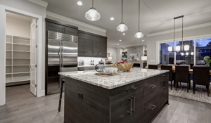 Kitchen with furniture and island of melamine with dark tones