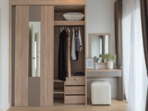 Modern closet with doors in wood texture