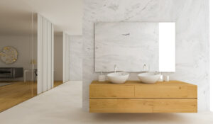 Bathroom with lacquered and wooden furniture