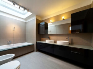 Modern bathroom with hanging cabinet