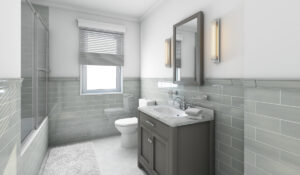 Baño moderno con mueble y espejo en tono gris