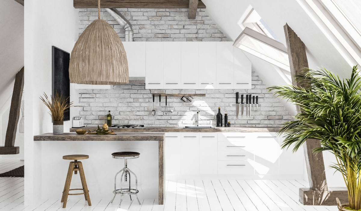 Render de cocina rústica moderna